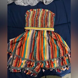 SHEIN Strapless Smocked Romper Boho Multicolor Tassel Hem Size L NWOT